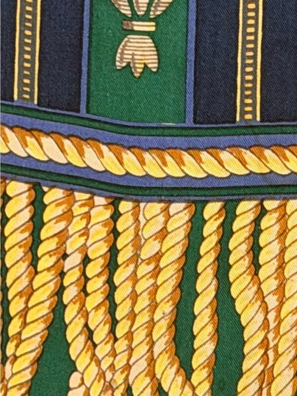 Vintage 100% Silk Scarf Green Navy Striped Gold Metallic Bee Fringe 10
